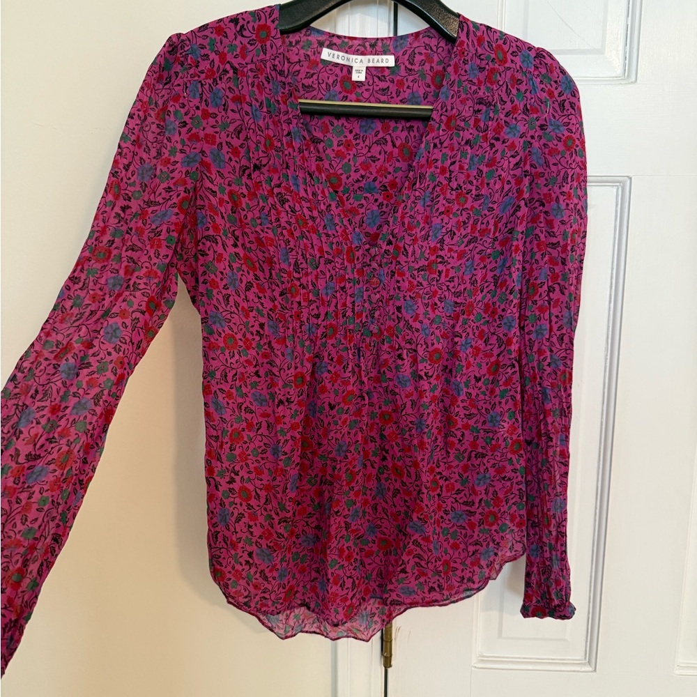 Veronica Beard Red and Blue Fitted Long Sleeve Blouse